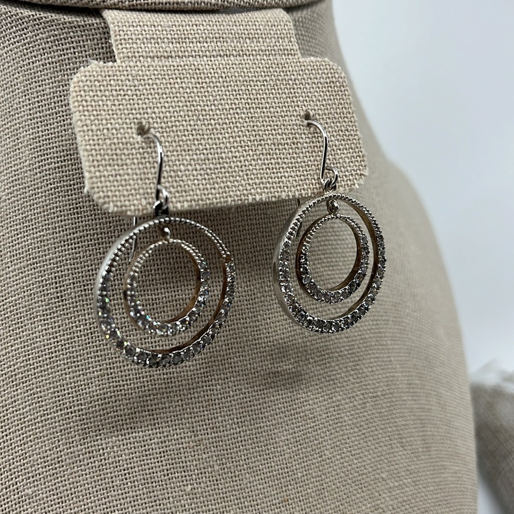 Vintage JCM 925 Sterling Silver CZ Pave Double Hoop Earrings Y2K - Picture 4 of 14